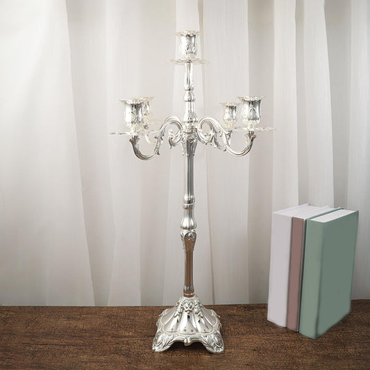 GIYDNEI 5 Arms Candelabra 25.4In Gold Candlestick Holder for Taper Candles, Candle Holder Stand Table Centerpieces for Wedding Home Decoration,Silver,14.6" Wx25.4 H