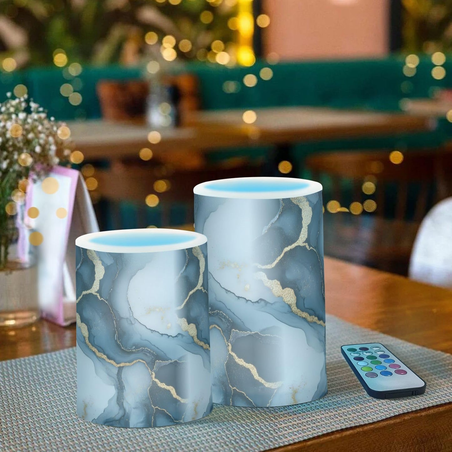 zyrtty 2 Pack Plastic Flameless Candles Blue Grey Gold Marble Pattern Ombre Battery Operated with Remote and Timer Real Wax LED Flickering Pillar Candles Set Window Christmas Holiday Decor