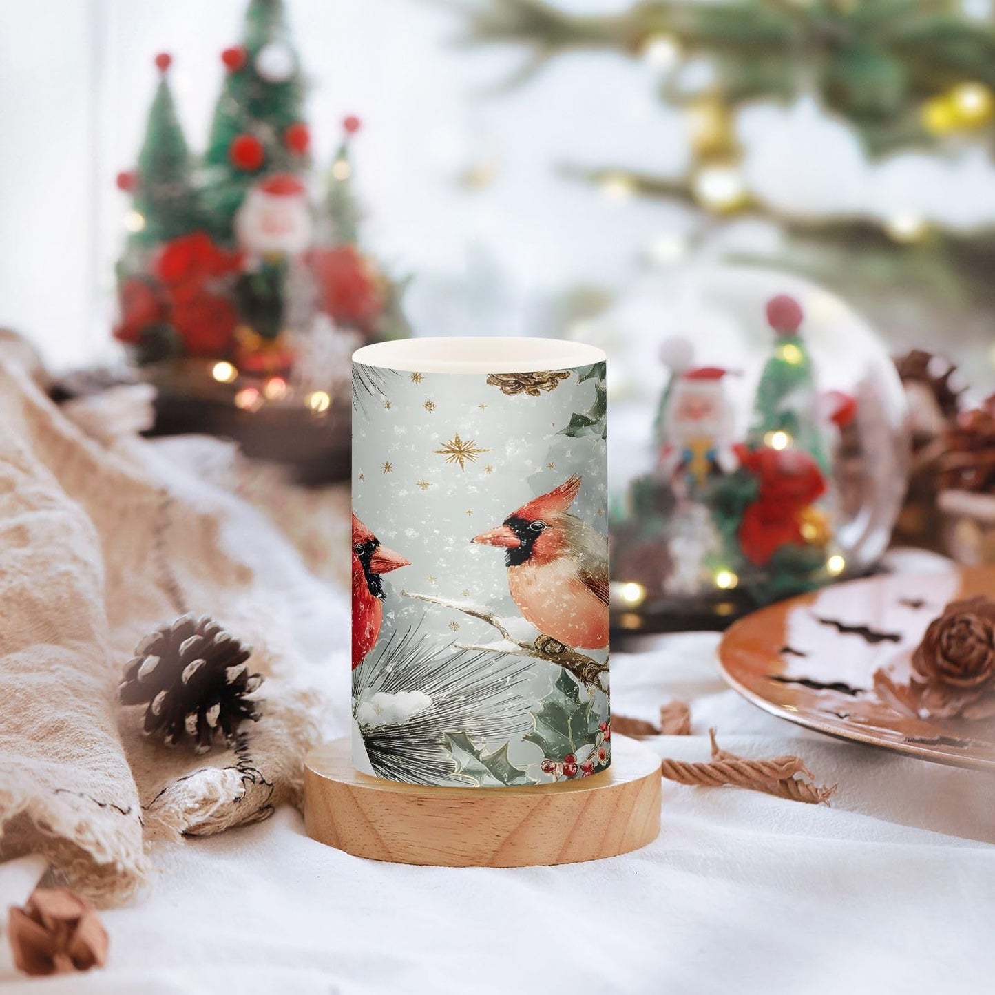 ALAZA Cardinals Perched Berry Flameless Candles Flickering LED Candles with Remote Timer Battery Operated Pillar Candles Set of 2 for Dinner Holiday Decor