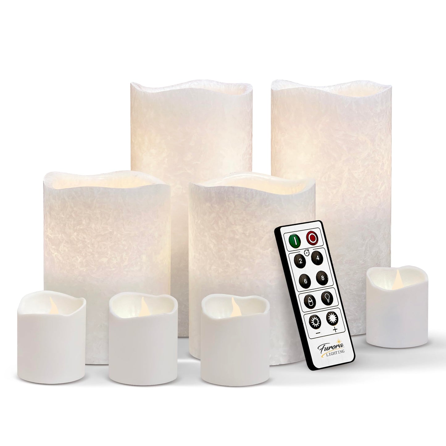 FURORA LIGHTING White Crystallized Flameless Candles - Real Wax, Adjustable Brightness, Remote & Timer - 4 Pillars (3x4, 3x6) and 4 Votives, 8-Pack, Battery Operated