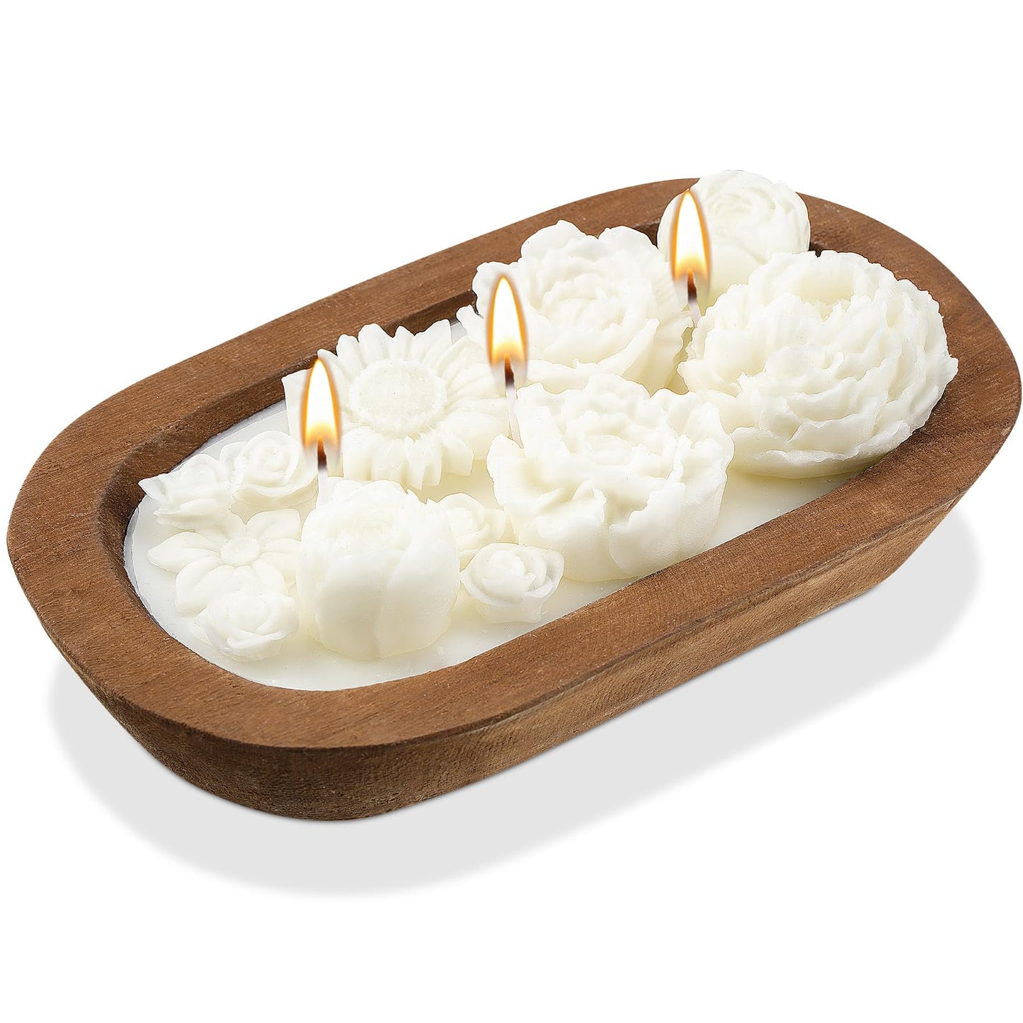 Siifert Wooden Dough Bowl Candle 3 Essential 20 Ounce Natural Soy Oil Wick Candle Wax Melts Rustic Farmhouse Decor Gifts for Women and Men(Flowers)