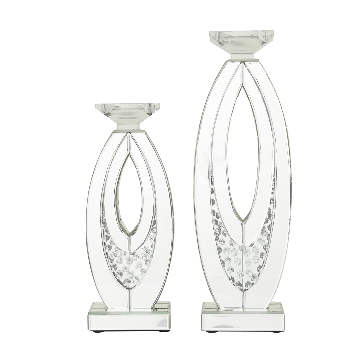 Deco 79 Glass Decorative Candle Holder Pillar Candle Stand with Mirrored Accents and Crystals, Set of 2 Candlestick Holder 17", 13" H, Silver