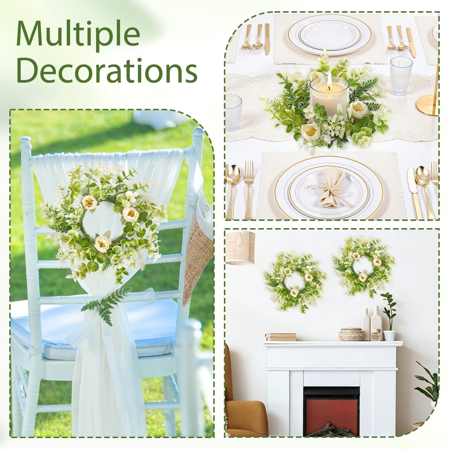 KHOYIME Floral Candle Rings Wreath 4PCS Small Spring Summer White Artificial Flowers Greenery Wreaths for Pillars, Mini Candle Holder Kitchen Cabinets Table Centerpieces Wedding Party Farmhouse Decor