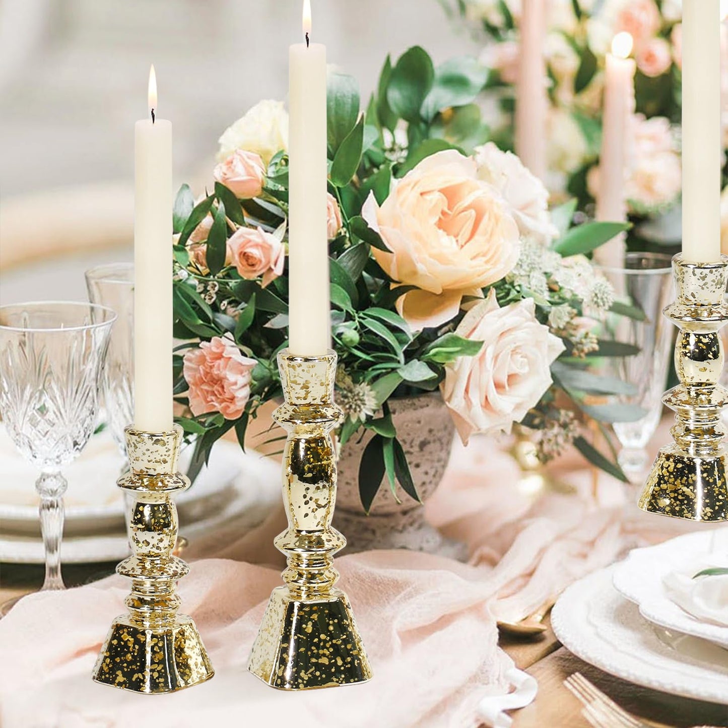 CHOCSTAY Glass Candlestick Holders Set of 3,Mercury Glod Taper Candle Holders for Table Centerpiece, Home Decorations, Wedding and Party