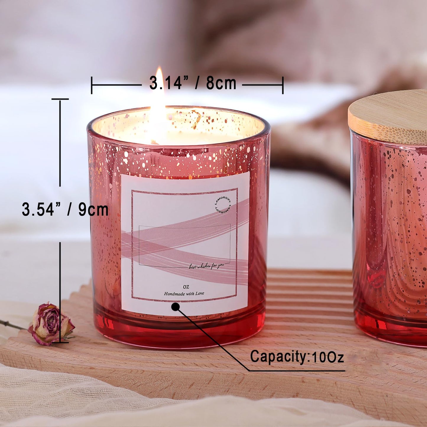 LAMORGIFT 10oz Rose Gold Empty Candle Jars With Lids - 12 Pack Making Containers - Mercury Glass Jars Include 15 Pcs Labels