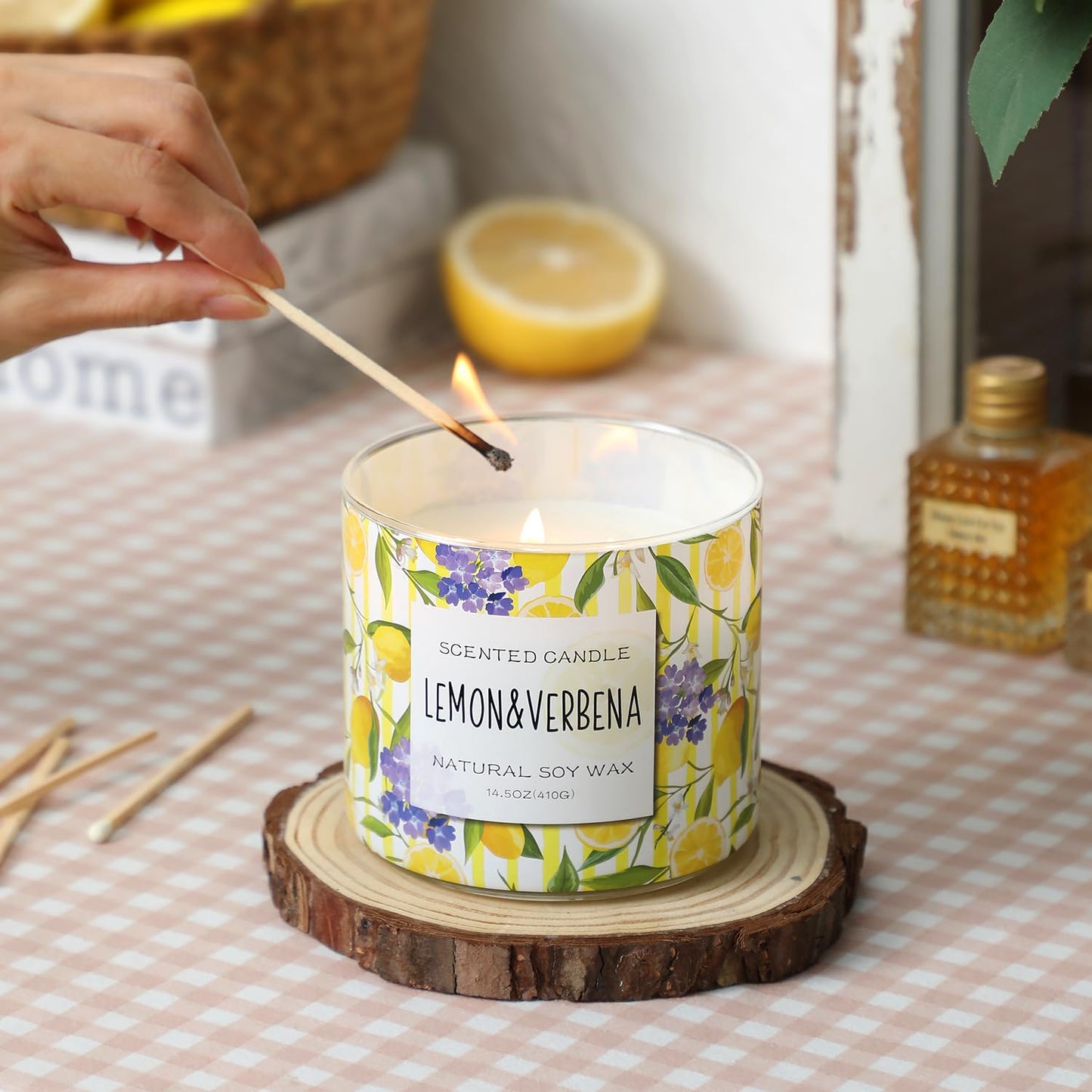 Lemon Candle, Lemon Verbena Scented Candle, Large 3 Wicks Candle, 14 oz