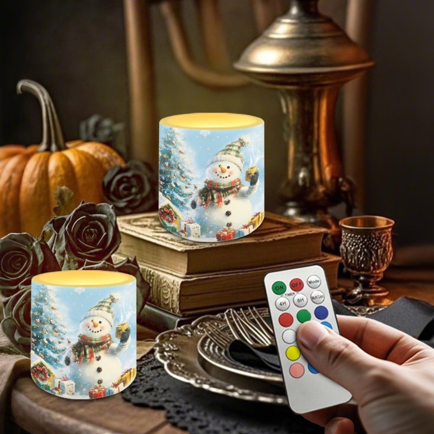 Merkmak 4Pcs Flameless Candles with Remote Christmas Snowman Candles with Timer Battery Operated LED Pillar Tea Lights for Party Banquet Home Decoration