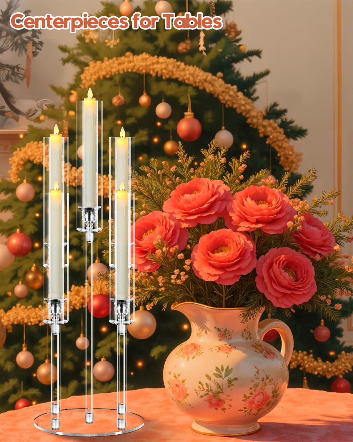6 Set 5 Arm Acrylic Candelabra Centerpiece, Mjkeomo 27'' Tall Clear Candle Holder for Table, Wedding, Christmas, Fireplace Mantel Decor, Fits 0.82" LED Candles