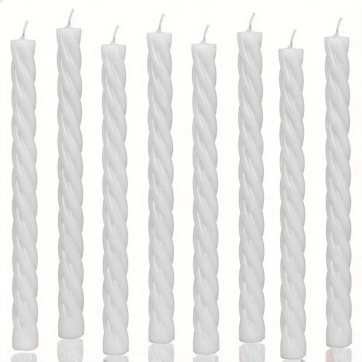 10 Inch Baby Blue Spiral Taper Candle Set, 8 Pack Unscented Long Burning Time Candlesticks for Dinner Party, Wedding Shower and Home Decoration (White)