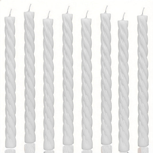10 Inch Baby Blue Spiral Taper Candle Set, 8 Pack Unscented Long Burning Time Candlesticks for Dinner Party, Wedding Shower and Home Decoration (White)