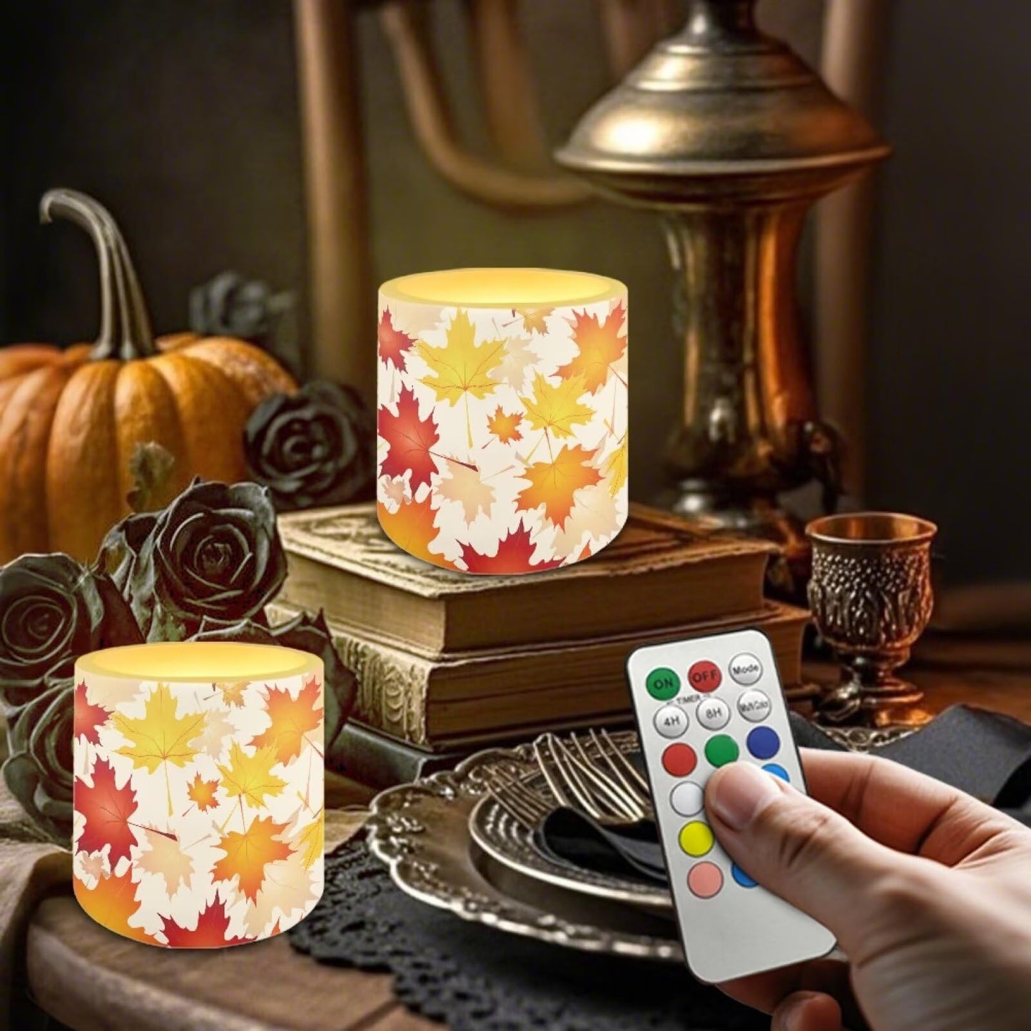 Cozeyat Fall Harvest Holiday Gift Flameless Candles 4 Pack Battery Operated with Remote Control Timer LED Pillar Candles Waterproof for Indoor Outdoor Use