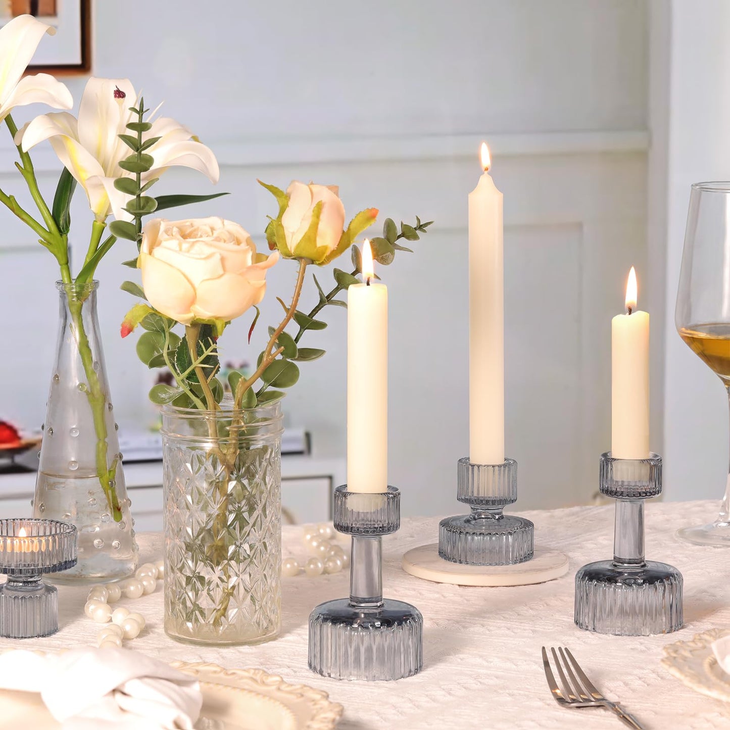 Candlestick Holders Bulk, 6 Pcs Blue Combination Candle Holders Set, Crystal Candle Holders for Wedding, Table Centerpiece, Home Decoration