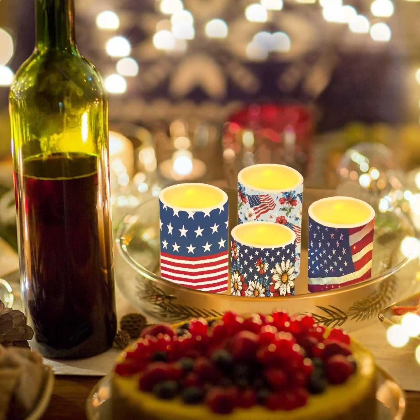 NETILGEN Patriotic American Flag Theme Flickering Flameless Candles 4 Packs Battery Powered LED Candles with Timer Remote Control American Independence Day 250th Anniversary Decor