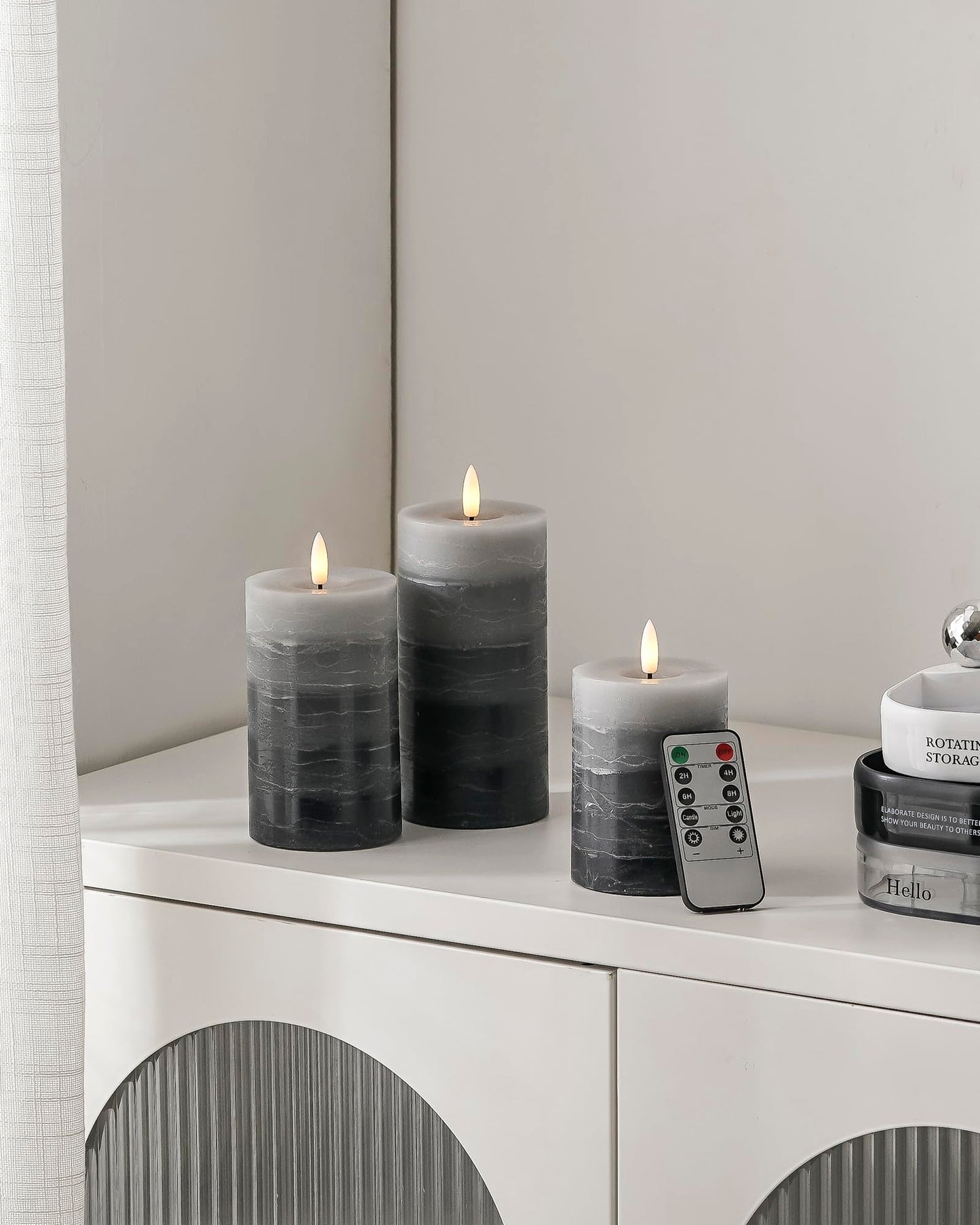 Stmarry Distressed Gradient Gray Flameless Candles with Remote and Timer, Real Wax Made LED Pillar Candles Battery Operated with 3D Flickering Flame - 3" x 4",5",6" - Set of 3