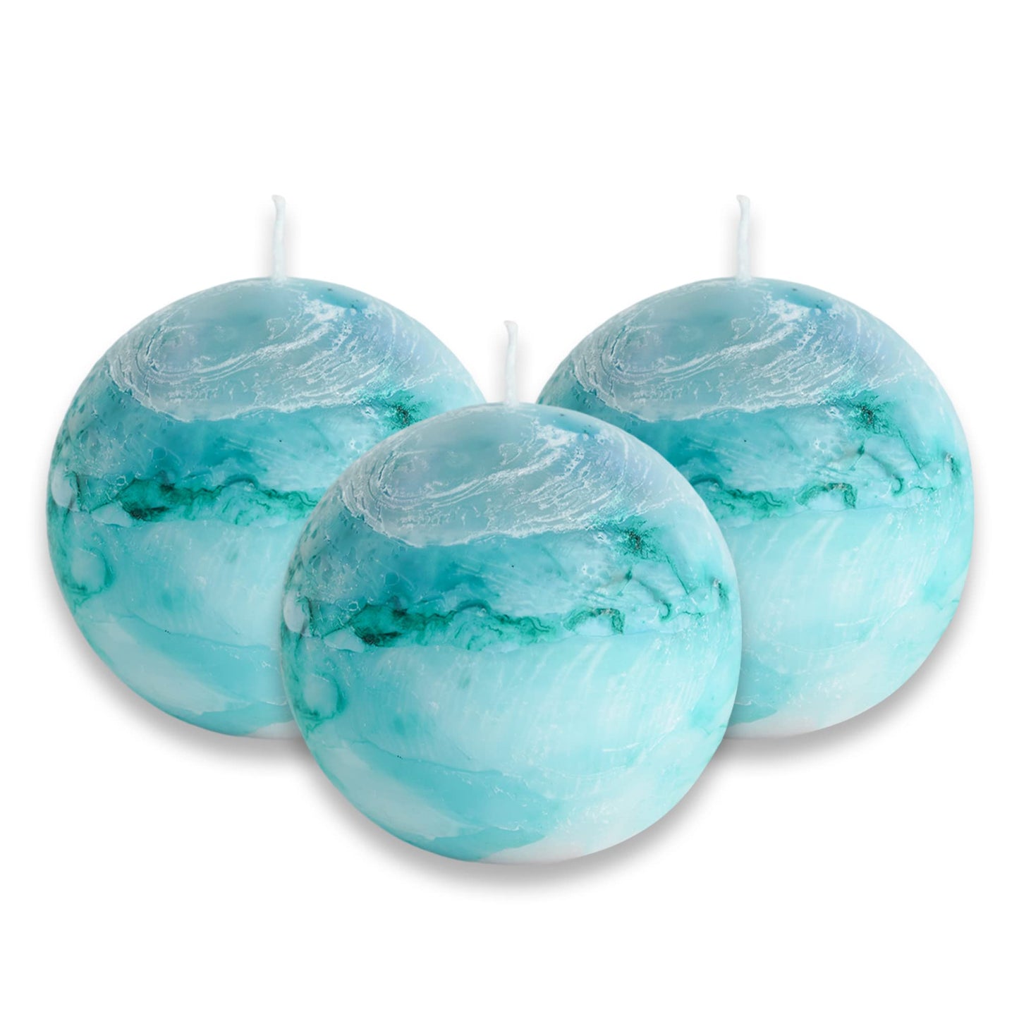 LPUSA Tie-dye Turquoise Rustic Ball Pillar Candles - 3 Inch Unscented Round Candles for Wedding Decoration and Home Decor - Set of 3 Paraffin Sphere Candles