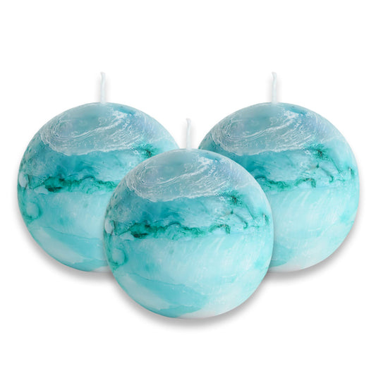 LPUSA Tie-dye Turquoise Rustic Ball Pillar Candles - 3 Inch Unscented Round Candles for Wedding Decoration and Home Decor - Set of 3 Paraffin Sphere Candles