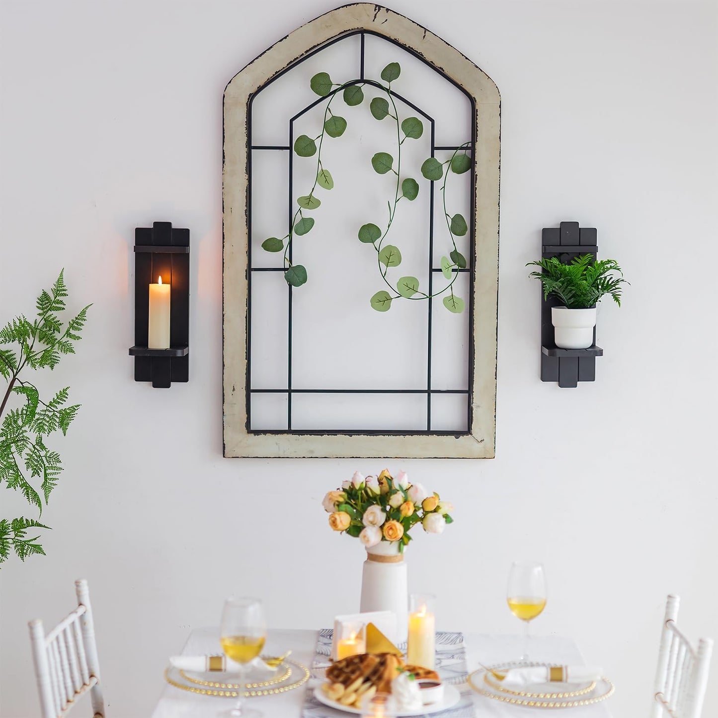 Candle Sconces Black Wall Decor Set of 2 - Wood Wall Candle Holders Set of Two for Small Plants Pillar Candles Tealight - Gothic Distressed Decor for Living Room