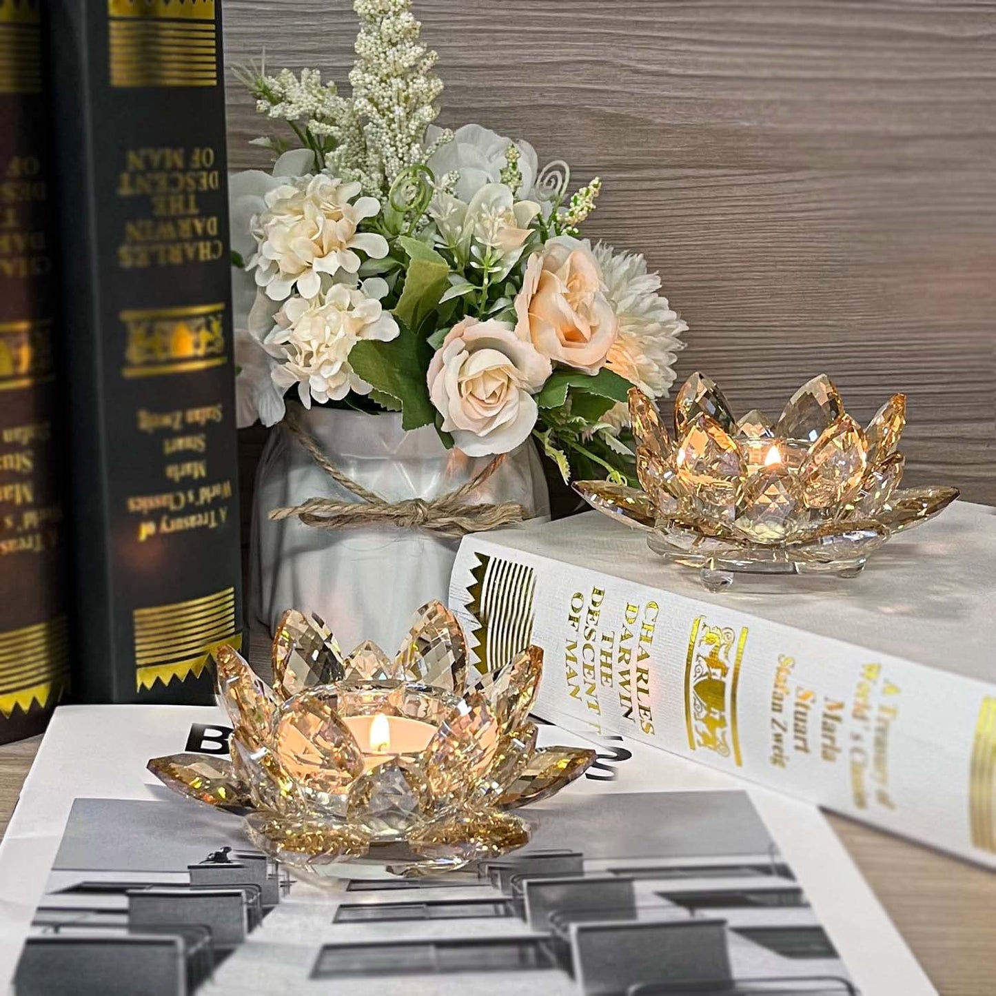 Kolnlala Crystal Lotus Flower Tealight Candle Holders/Glass Tea Light Candlestick Decor Decoration for Christmas Home Wedding Party… (Gold 1pc)