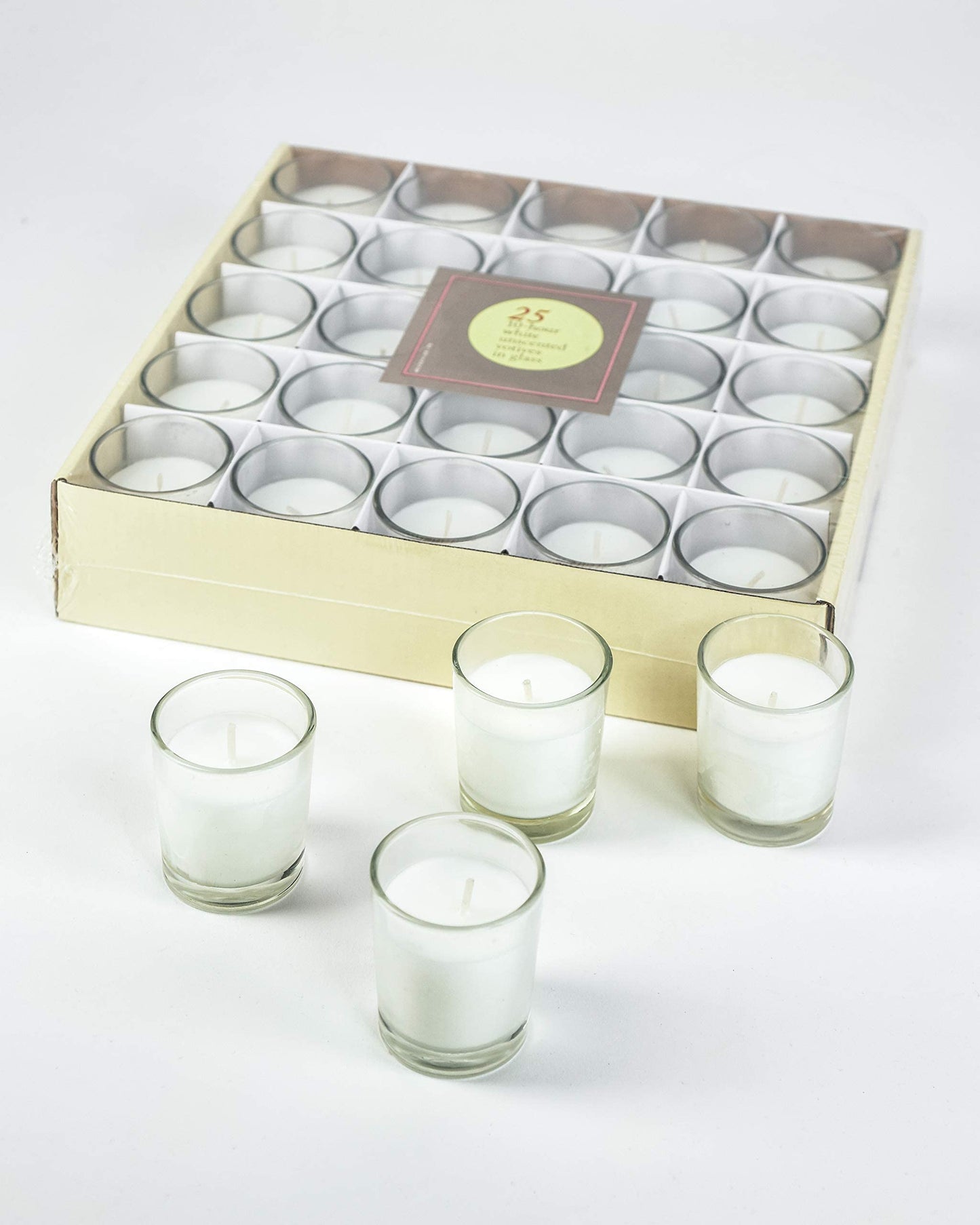 Serene Spaces Living 100-Pack White Unscented Votive Candles in Glass Holders, 10 Hour Burn Time, Bulk Set for Weddings, Events, Parties, Spa, Emergency & Home Decor, 2" Tall x 1.75" Diameter