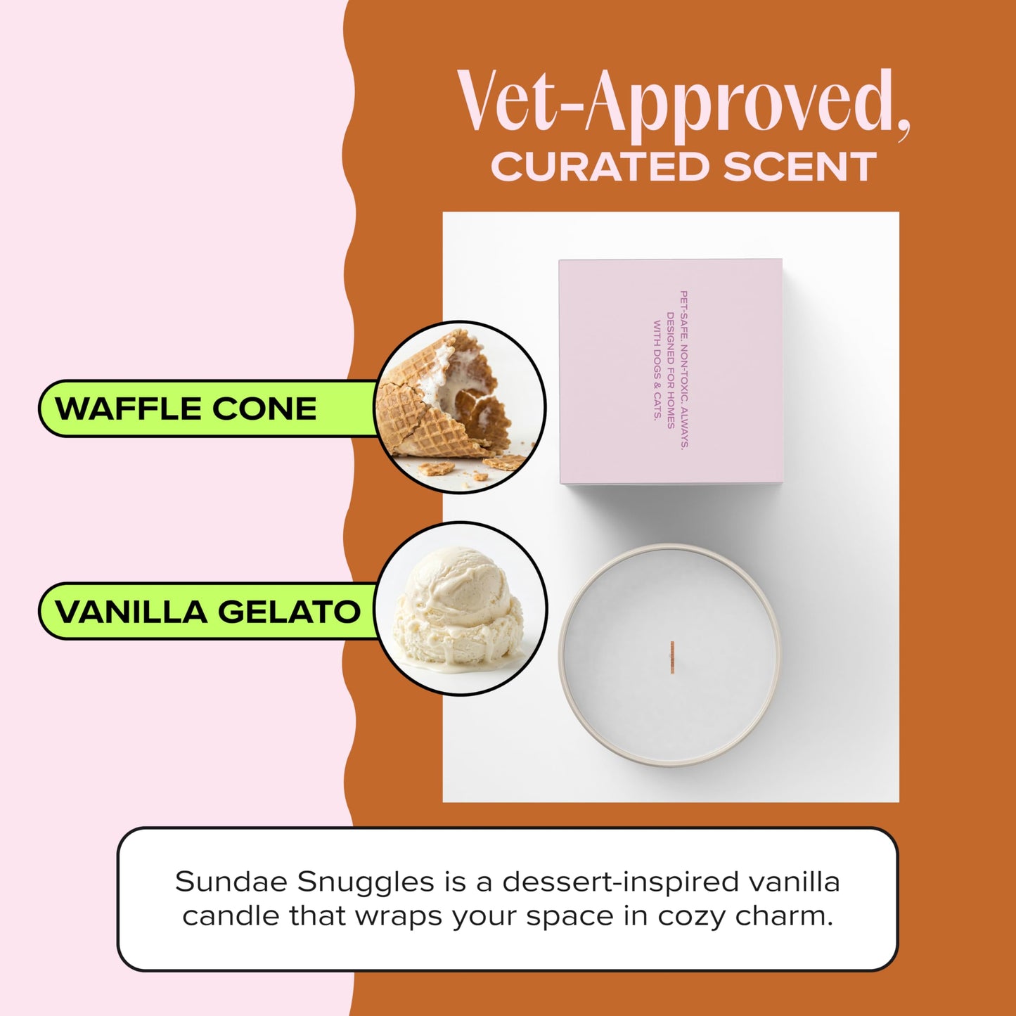 Companion Candles Sundae Snuggles Pet-Friendly Scented Candle – Vanilla Gelato & Waffle Cone Fragrance - Coconut Soy Wax Candle with Wooden Wick, Approx. 50-Hour Burn Time, Made in USA, 8 oz