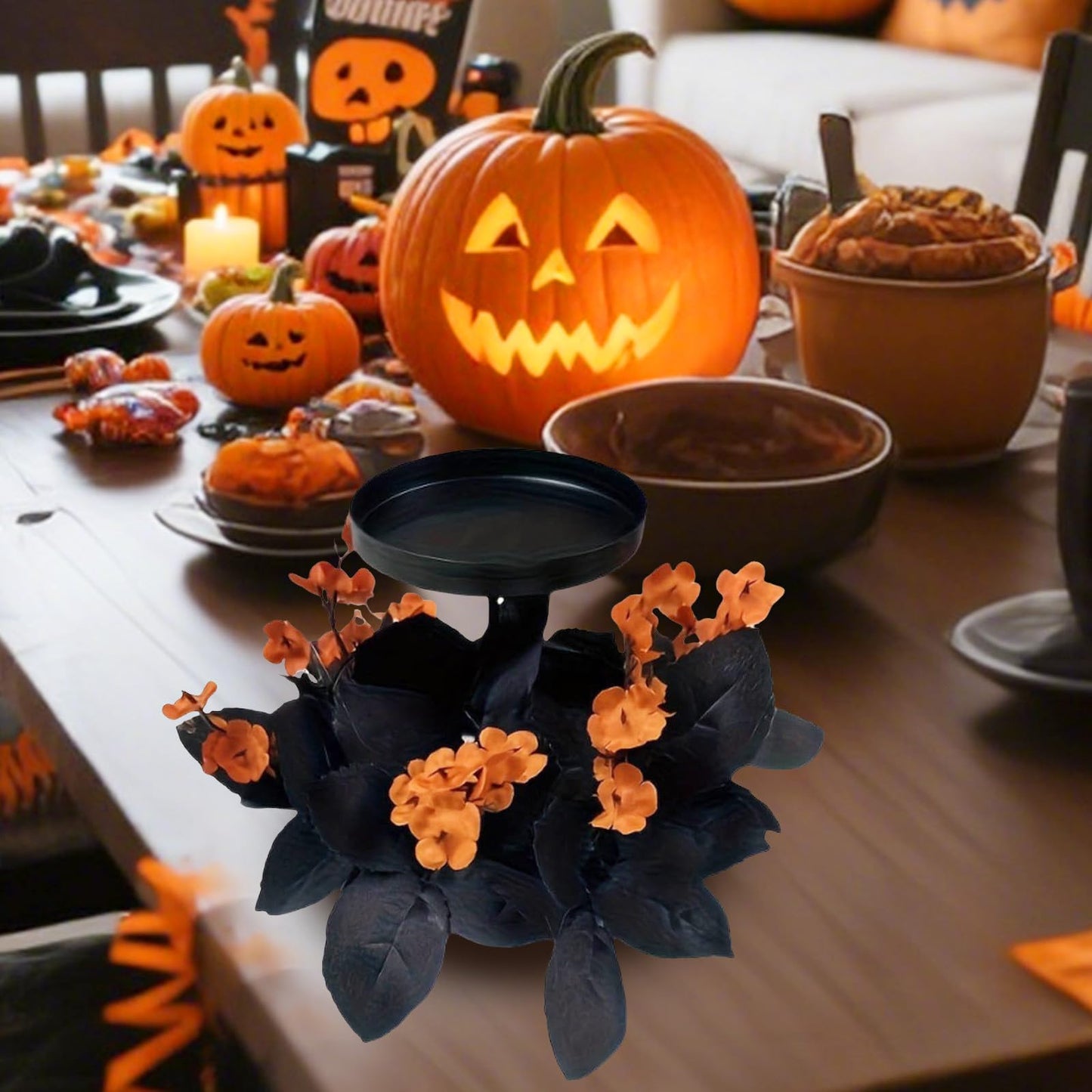 Mini Halloween Wreaths with Plastic Candle Holder, 5.5" Artificial Black Maple Leaves Candle Wreath Floral Twig Candleholder Wreath for Table Centerpieces Decorations