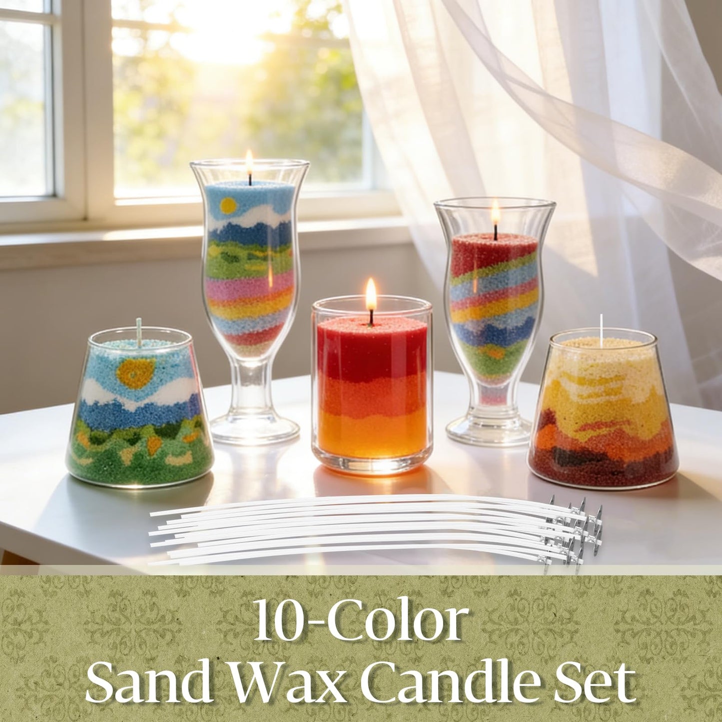 TRESSON 10 Color Sand Candle Wax with Wicks - Plant Pearled Candle Sand Set (1.76oz Each Color, 1.1lb/17.6oz Total DIY Refillable Candle Icewax for Handmade Candle Making