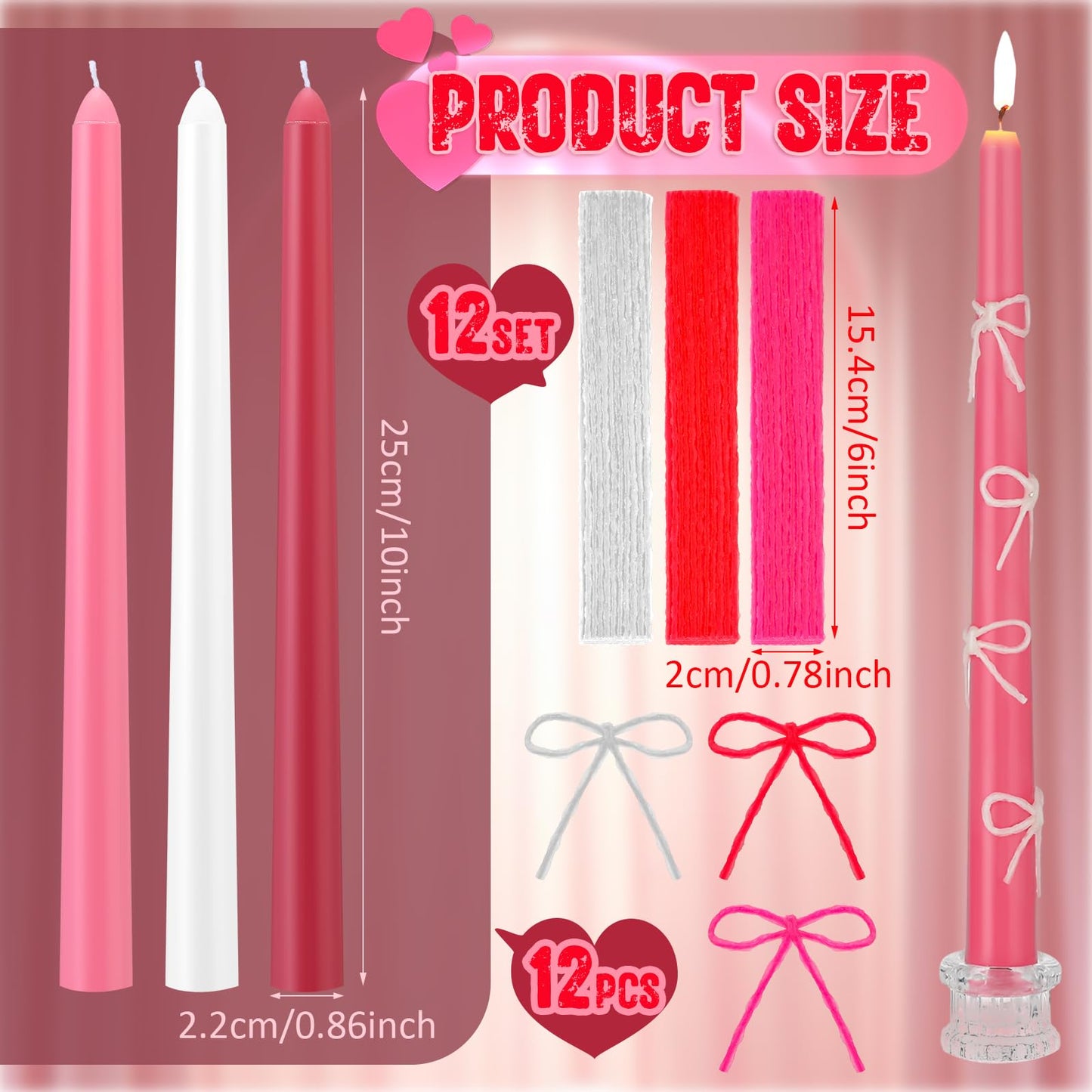 Conelist 12 Set Pink Bow Taper Candles Coquette Birthday Decoration Candles Pink Candlesticks with Wax Stick for Bridal Shower Wedding Dinner Decorations for Birthday Anniversary Party