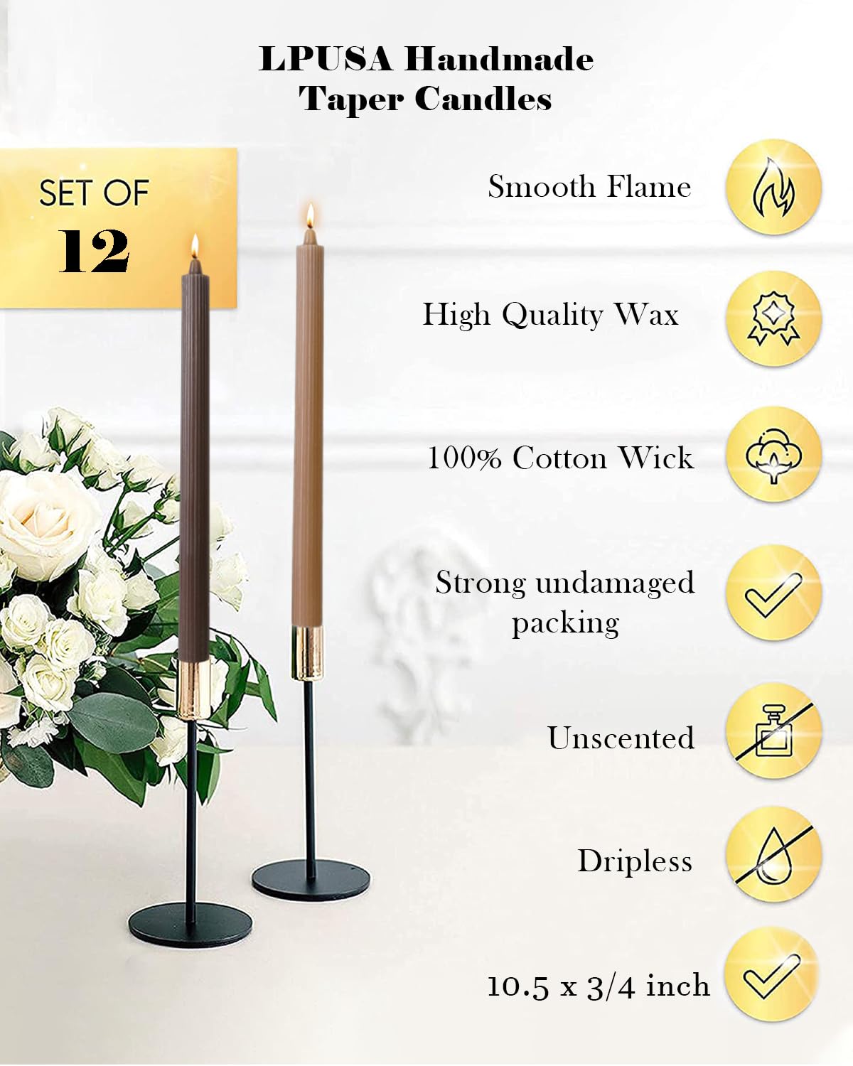 LPUSA Candlesticks Brown Taper Candles 10.5 inch Dripless Tapered Candles Ideal as Dinner Candles Smokeless and Unscented Long Burning,Set of 12