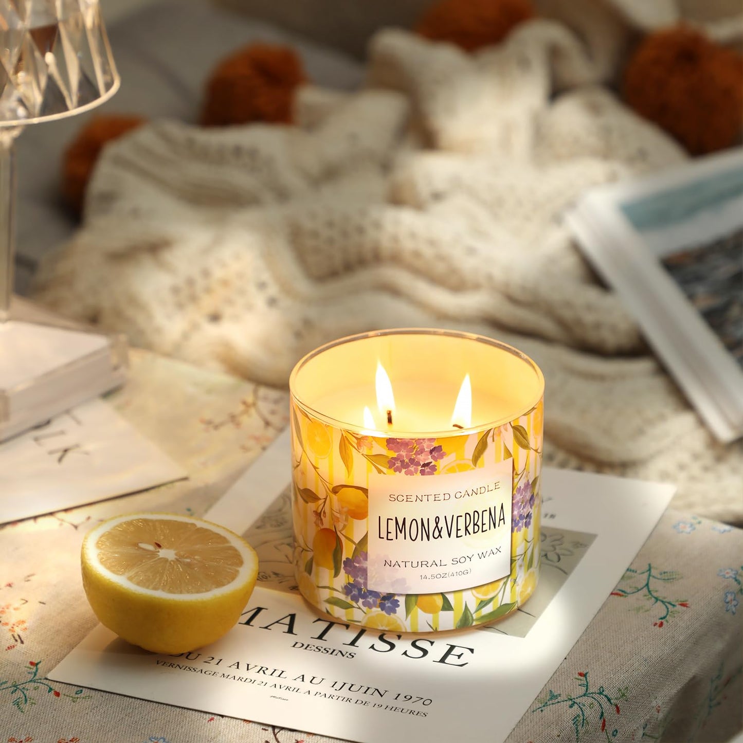 Lemon Candle, Lemon Verbena Scented Candle, Large 3 Wicks Candle, 14 oz