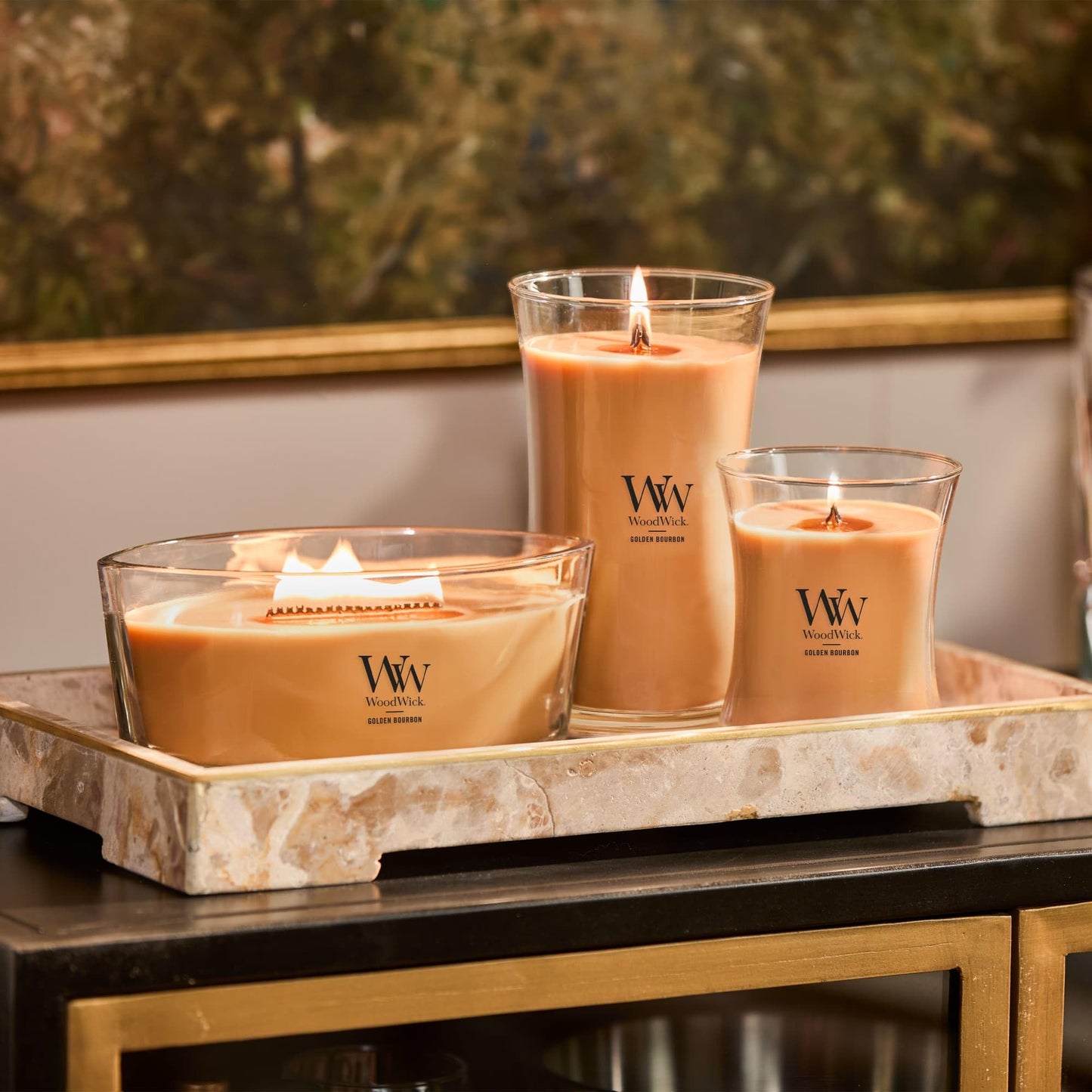 WoodWick Golden Bourbon Holiday Candle Gifts for Women and Men, 9.7 oz Medium Hourglass Candle with Crackling Wick