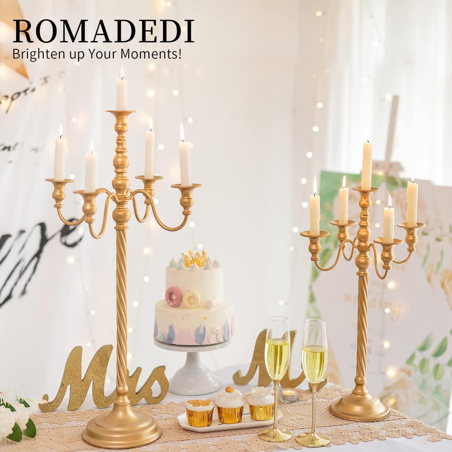 Romadedi Candelabra Gold Candle Stand: 21'' Tall 5-Branch Candlestick Holder for Wedding Centerpiece Decor Christmas Holiday Event Reception Decoration, Set of 2