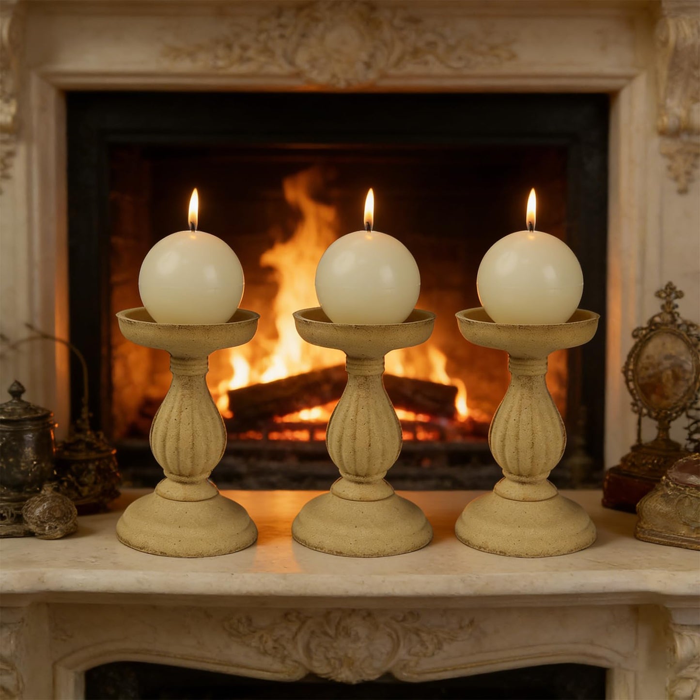 Ivory Ball Pillar Candles Set of 3 – 3" Unscented Round Sphere Candles, Hand-Poured for Weddings, Home Decor & Centerpieces, 40-Hour Dripless Burn