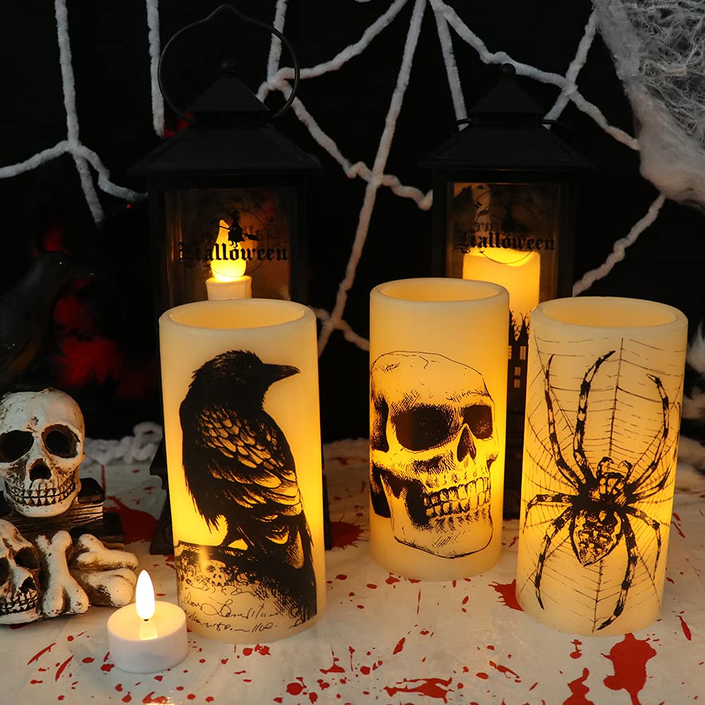 Lasumora Halloween Flameless Candles with 6H Timer, LED Pillar Candles mit Skull, Spider Web, Crow Raven Decals Set of 3, Battery Operated Real Wax Candles, Halloween Decor Horror Gothic Punk