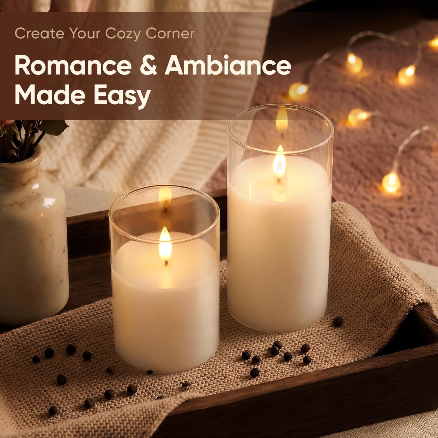Amagic 3"x4"6" Clear Glass Flameless Candles Battery Operated with Timer, Remote Control, LED Pillar Candles, Battery Powered, Valentine's Day Decor, Pure White Wax, Set of 2