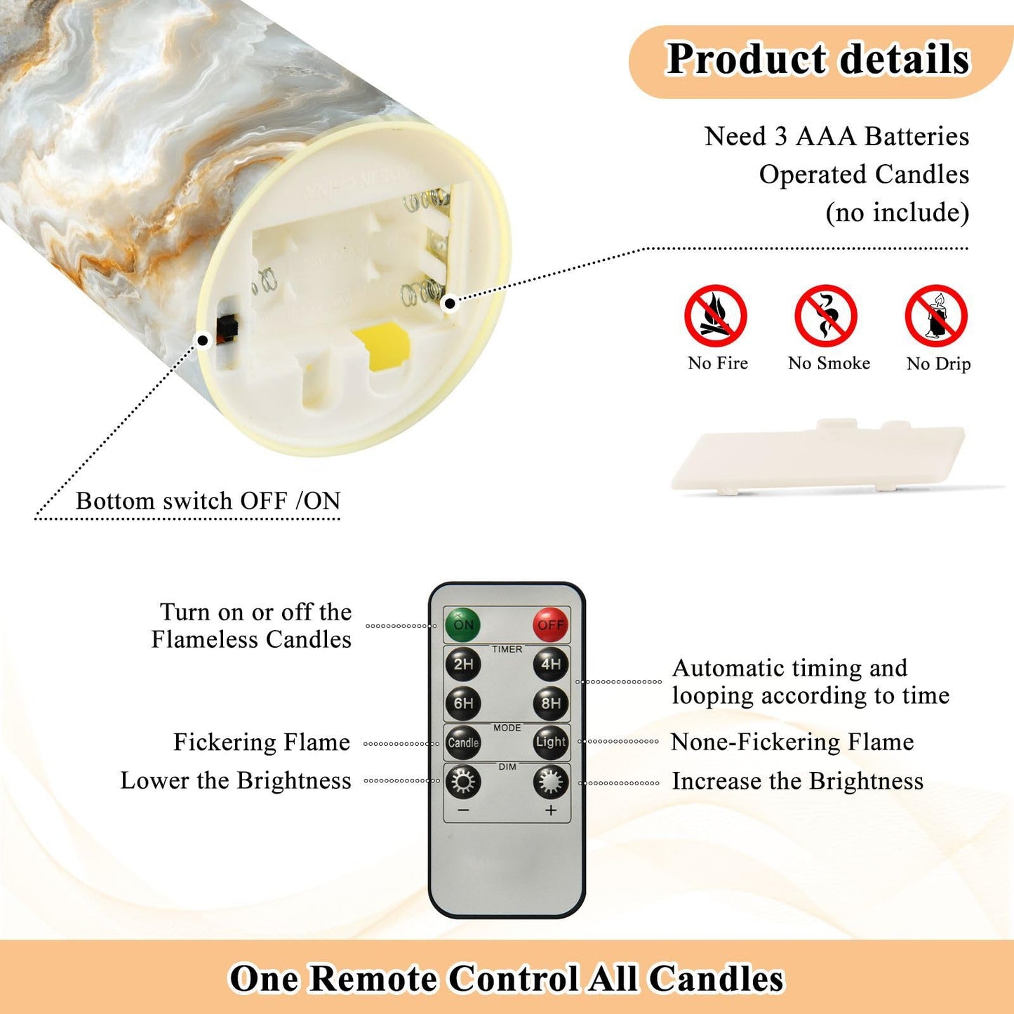 Gravopti White Marble 2 Pack Flameless LED Pillar Candles with Remote & Timer, Battery Operated, Flickering Wax Candle for Wedding, Romantic Home & Party Decor