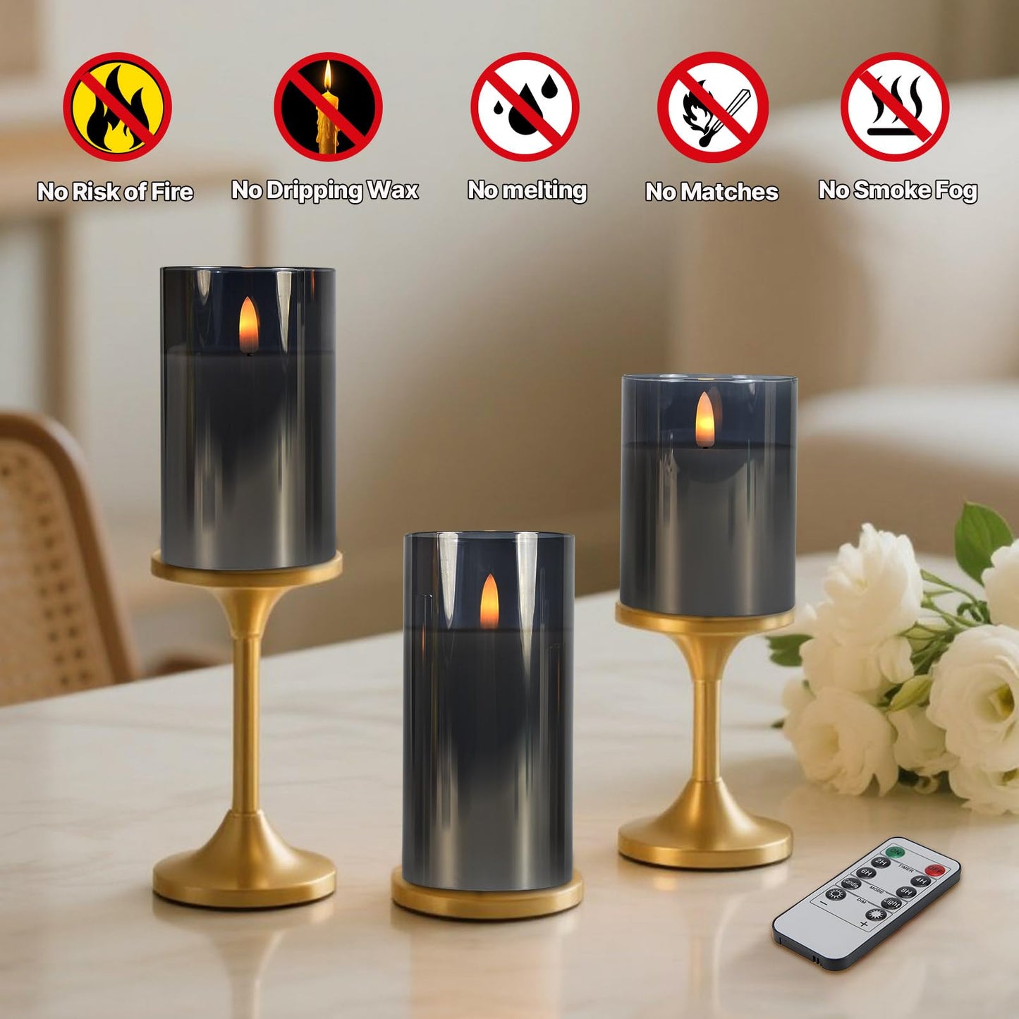 Tzgckui Smoky Gray Glass Flickering Flameless LED Candles with 10-Key Remote and Timer,4", 5", 6" x 3" Pillar Battery Operated Candles for Home Decoration(Set of 3)