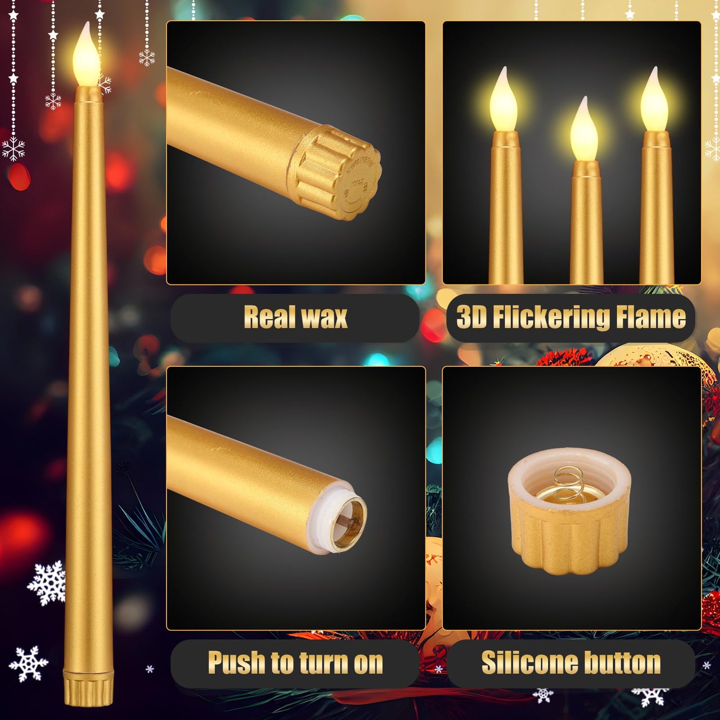 Baquler 120 Pcs Flameless Taper Candles with Remote and Timer 11" Battery Operated Candlesticks LED Flickering Faux Candles Warm Light for Wedding Holiday Party Home Decor (Gold)