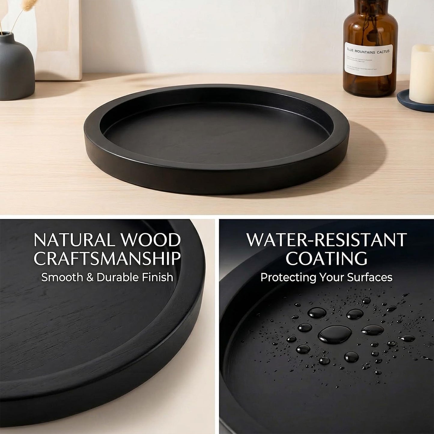 OKSON 3-Pack Round Wooden Candle Plate Holder Trays, Rustic Farmhouse Decorative Round Wood Tray for Coffee Table, Dining, Tealight & Pillar Candles, Party, Wedding, Christmas Home Decor (Black)