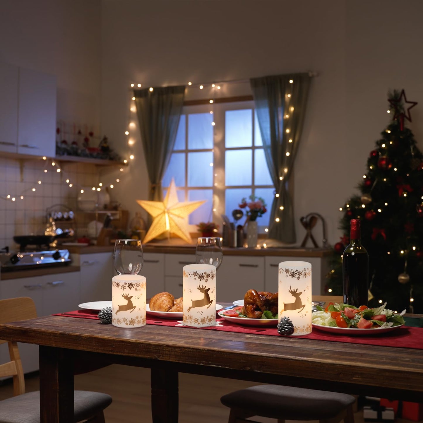 Lasumora Golden Reindeer Christmas Candles with 6H Timer, Real Wax LED Candles Flameless Flickering, Battery Operated Candle Pillar for Home Décor Christmas Decorations Gifts, 3x4/5/6 inches