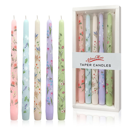 NJAO HOO Flower Candlesticks 10 in Straight Taper Candles Hand Printing Colored Candlesticks Floral Tall Tapered Candle for Spring Home Garden Decor Simple Modern, 5Pcs