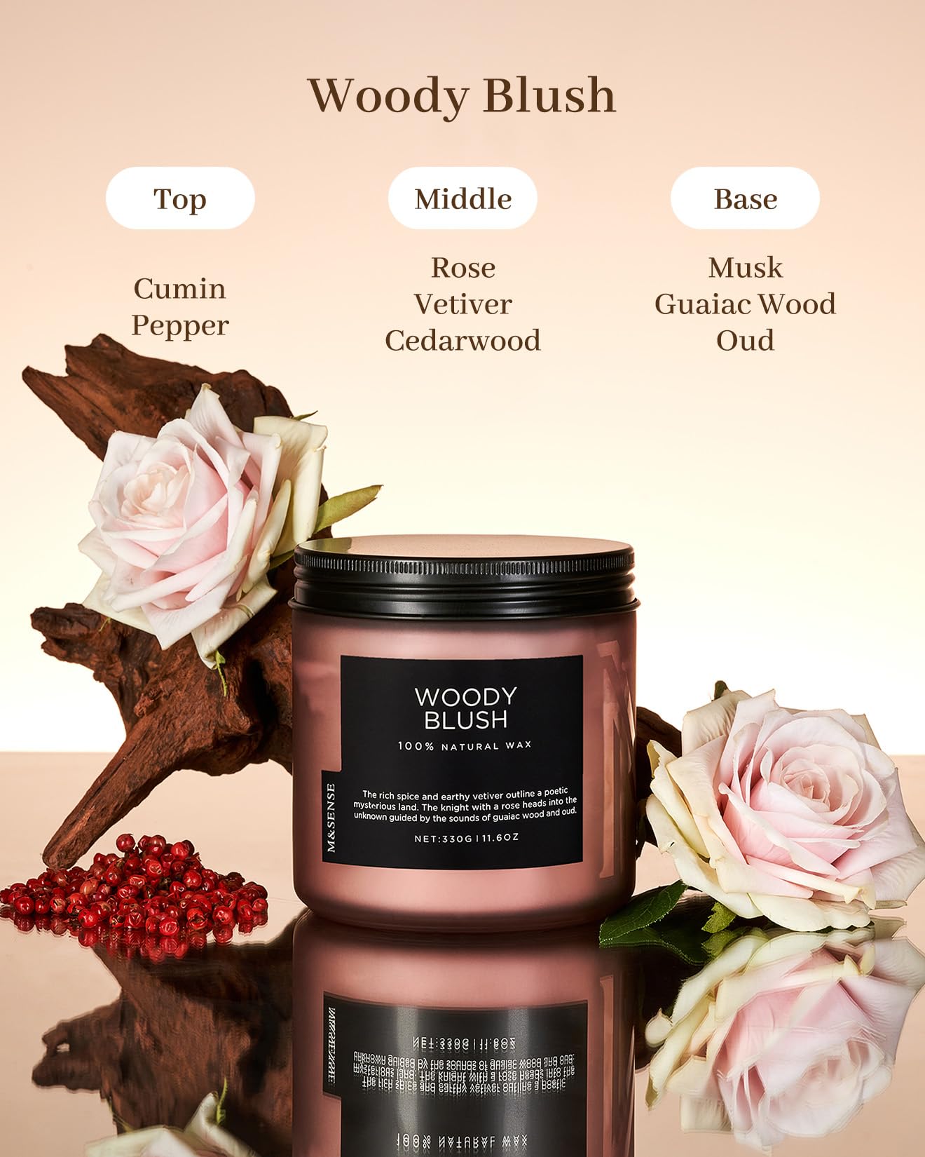 M&SENSE Rose Oud Scented Candles for Home, 11.6oz Organic Natural Soy Wax, 70-Hour Long Lasting Slow Burning, Non Toxic Clean Burn, Floral Scent for Stress Relief, Aromatherapy Gifts for Family