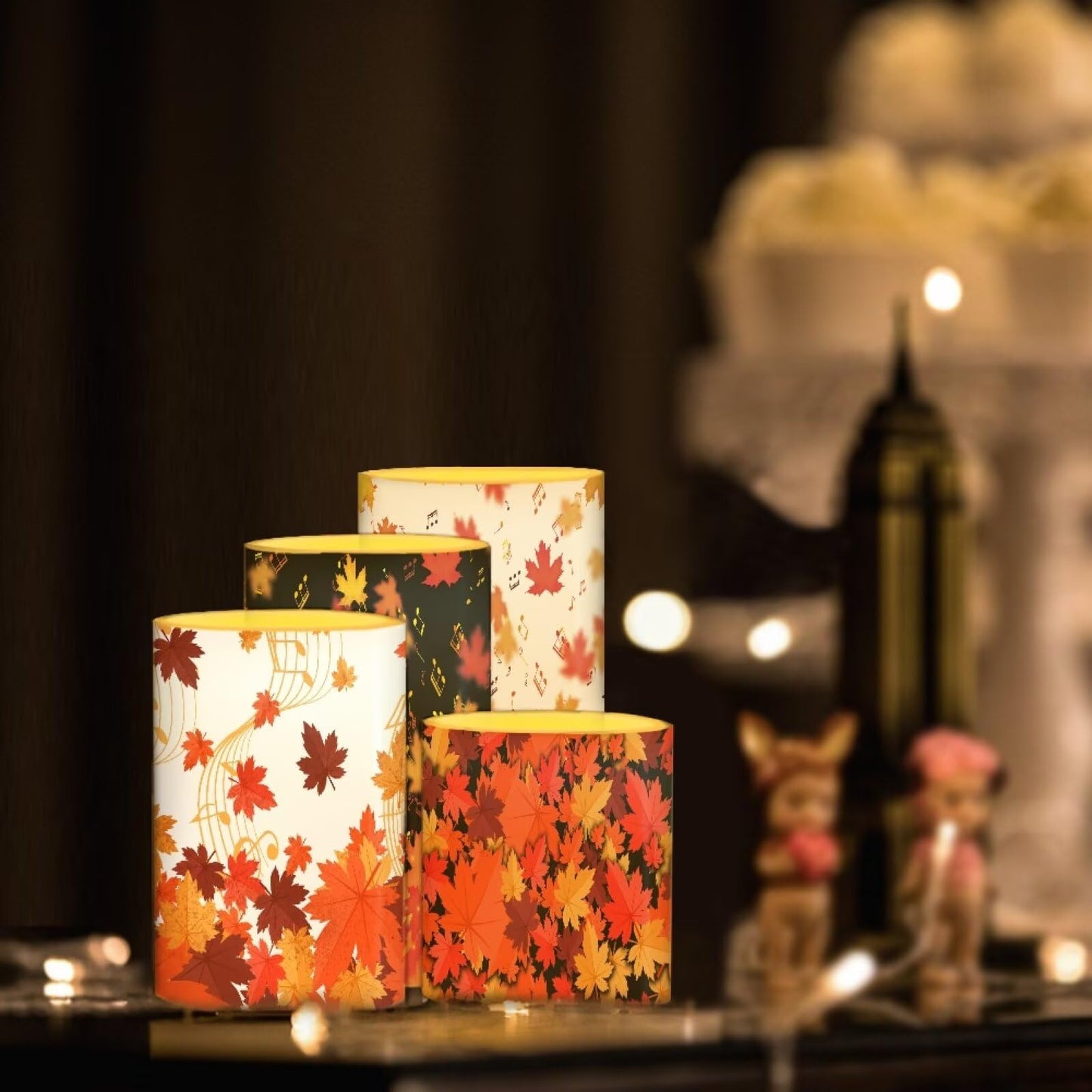 NETILGEN Thanksgiving Day Decor LED Flameless Candles Set Pack of 4 with Remote Control Timer, Dancing Flame Pillar Candles for Indoor Home Decoration Autumn Maple Leaf Print