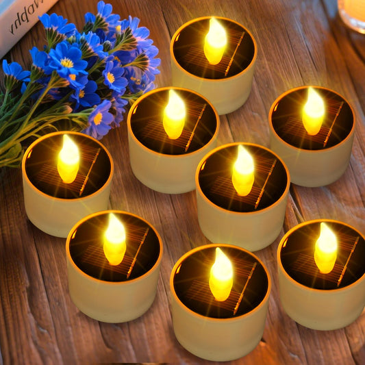 ANGMLN 8pcs Solar Tea Lights Outdoor Waterproof, Flameless Flicker LED Solar Candles with Dusk to Dawn Sensor, Reuseable Tea Light Candles for Lantern Garden Camping Party Home Decor,2.3''x2.1''