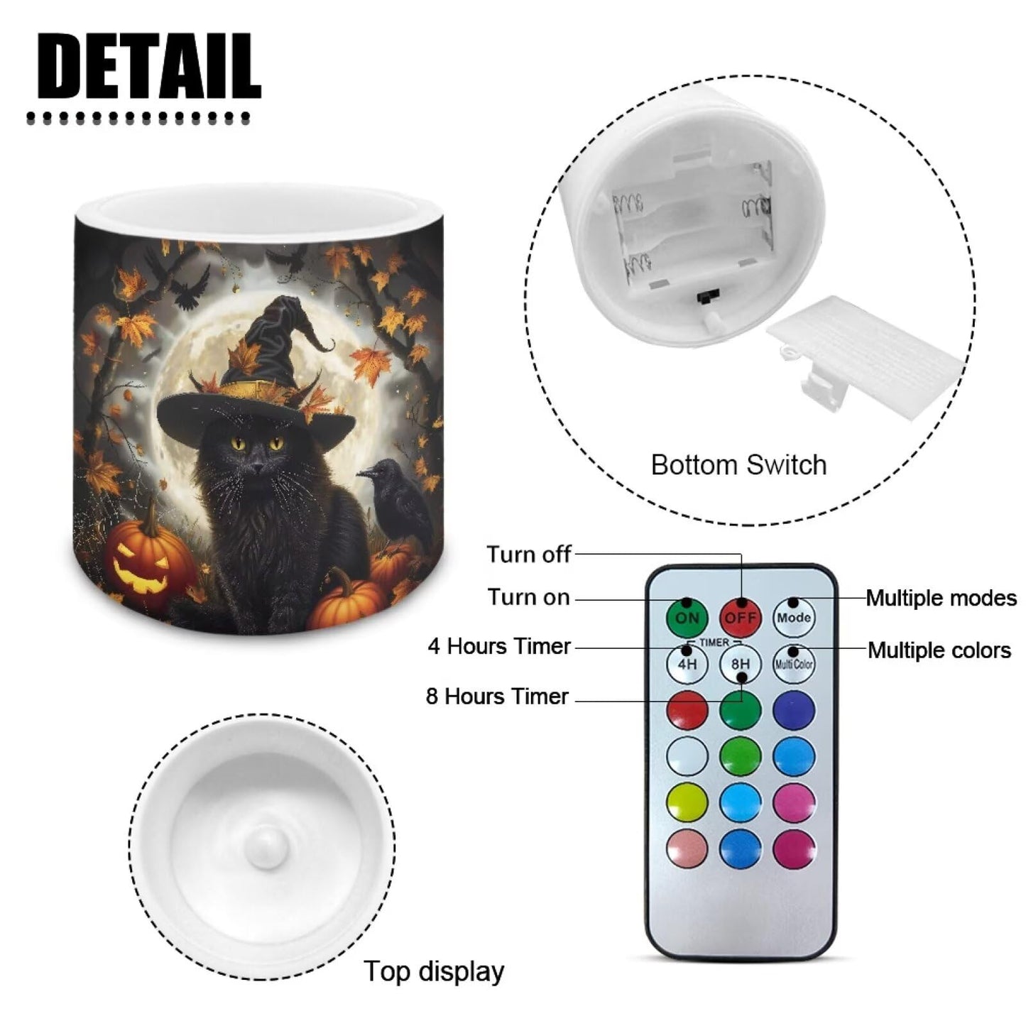 Merkmak 4Pcs Halloween Flameless Candles with 18-Key Remote Battery Operated Candles with Timer, Moon Black Cat Pumpkin LED Pillar Tea Lights for Party Banquet Home Decoration