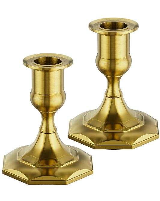 Viuieyid Brass Gold Candle Holders Set of 2, Elegant Metal Candlestick Holders for Weddings,Dining, Special Events, Taper Candle Holders as Table Centerpiece Home Decor Festive Candle Stick Holder