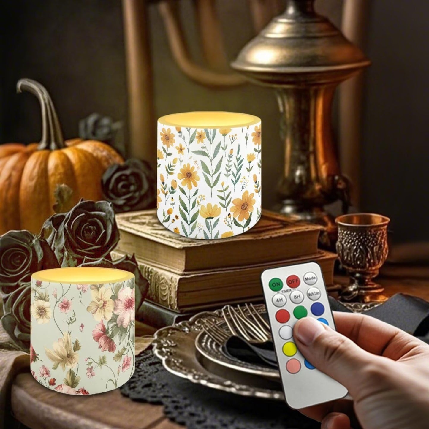 NETILGEN Yellow Floral Print Flameless LED Candles with Remote Timer Control Set of 4 Home Decorative Realistic Flickering Flameless Candles with Battery Powered