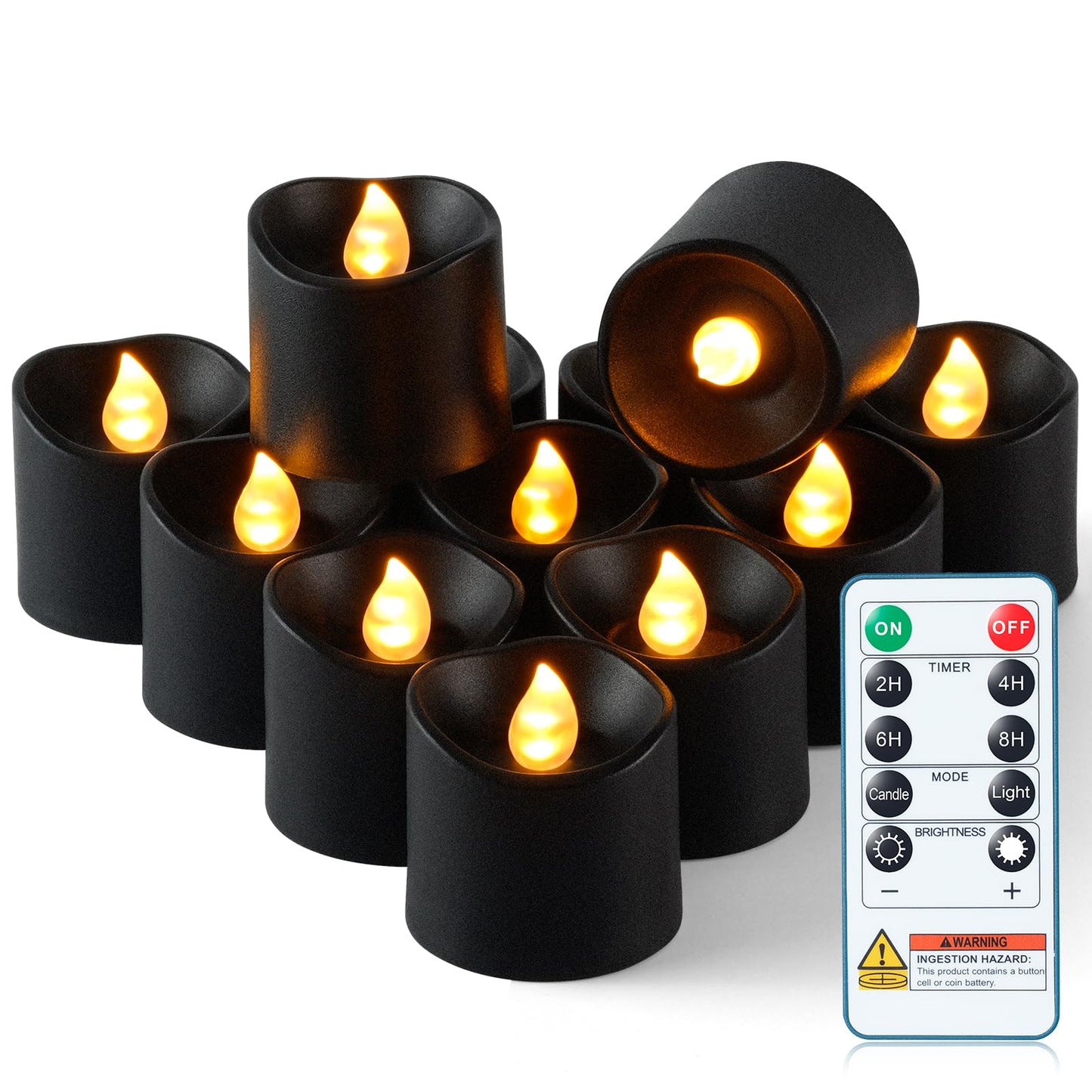 Homemory 12Pack 400+Hour Remote Control Flameless Candles, 2/4/6/8H Timer Led Votive Candles, Battery Operated Tea Lights for Wedding Table Centerpiece, Holidays, Halloween Pumpkins-Black Base