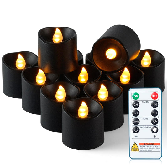 Homemory 12Pack 400+Hour Remote Control Flameless Candles, 2/4/6/8H Timer Led Votive Candles, Battery Operated Tea Lights for Wedding Table Centerpiece, Holidays, Halloween Pumpkins-Black Base