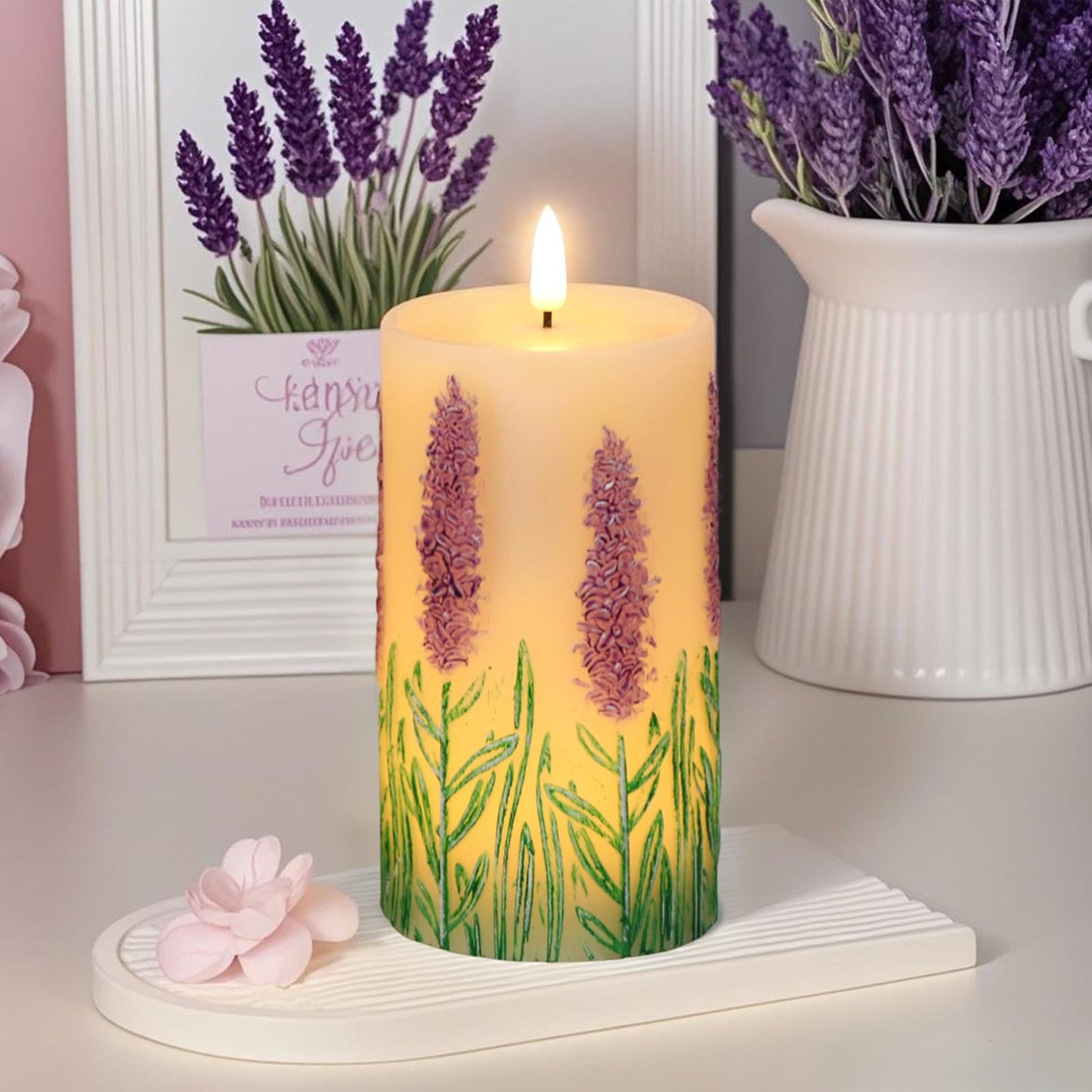 Eldnacele Lavender Flameless Candles with 6 Hour Timer, Battery Operated Hand Painted 3D Wick Flickering Real Wax LED Pillar Candles for Spring Dinner Christmas Holiday Decor((2Pcs, D3×H6.5)
