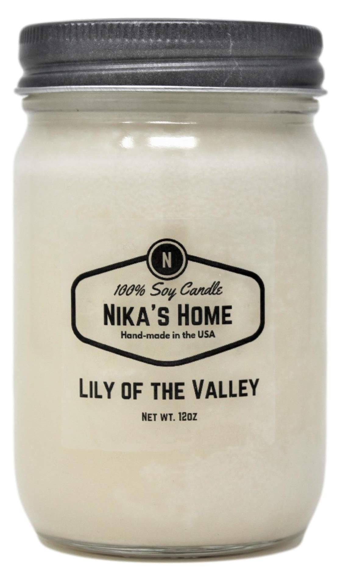 Nika's Home Lily of The Valley Soy Candle - 12oz Mason Jar - Non-Toxic - Hand Poured in The USA, Long Burning 50-60 Hours Highly Scented All Natural, Clean Burning